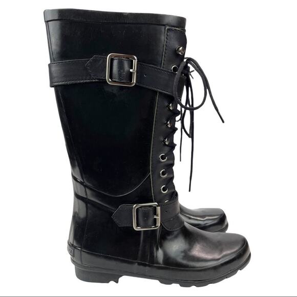 BCBGMAXAZRIA Women's Black Willis Lace Up Rubber Boots Leather Straps Size 6 - Picture 16 of 16